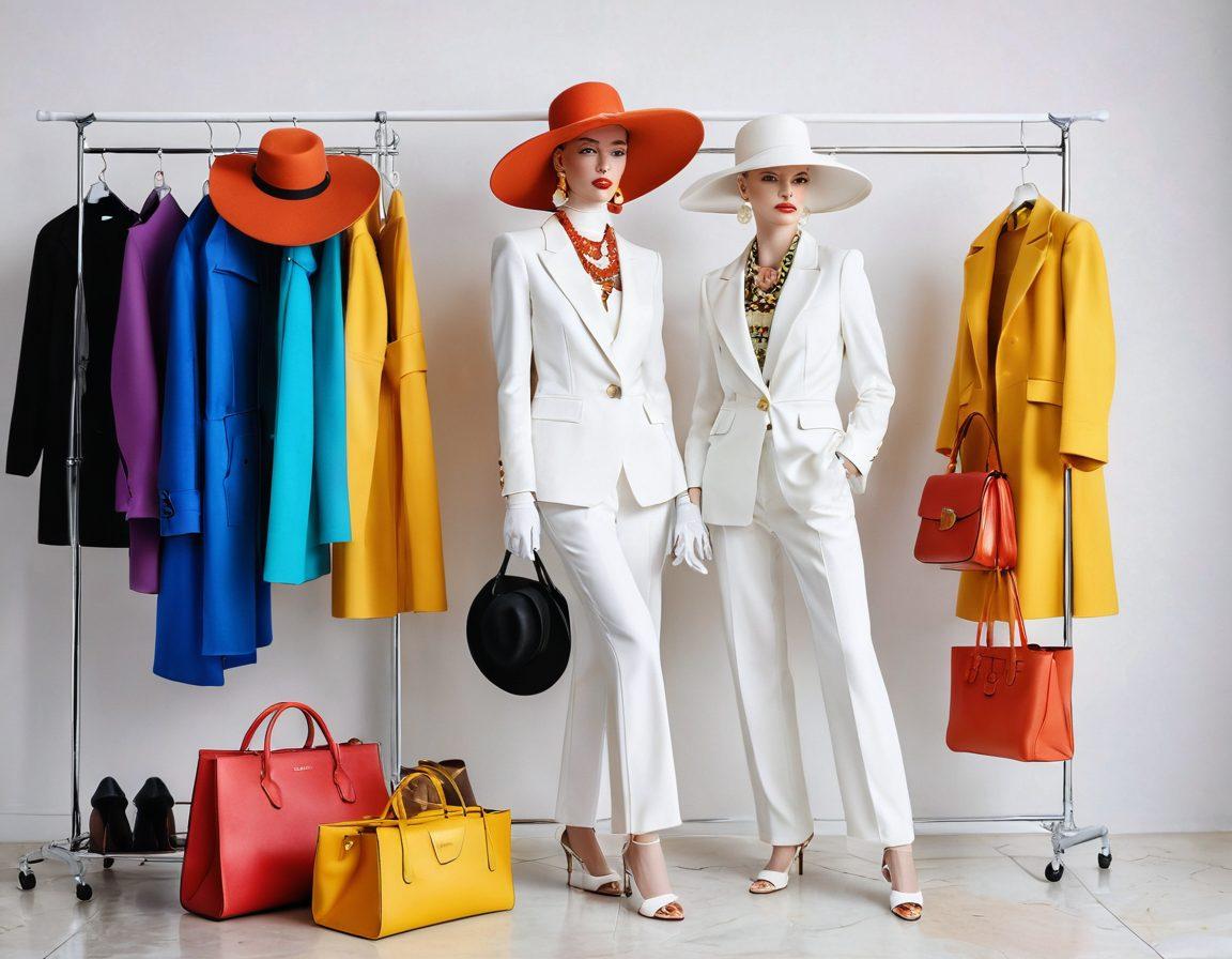 A stylish mannequin dressed in a blend of wardrobe essentials and avant-garde fashion, surrounded by vibrant accessories like oversized hats, statement jewelry, and chic bags. The background features a modern clothing rack showcasing a mix of textures and colors to convey creativity and sophistication. The setting is bright and airy, evoking a sense of luxury and style. super-realistic. vibrant colors. white background.