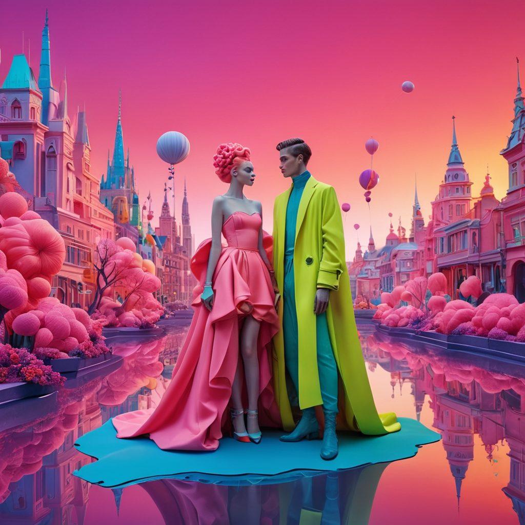 A whimsical fashion scene featuring a couple in stylish avant-garde outfits, surrounded by surreal elements like floating fabrics and abstract sculptures. The background is a vibrant cityscape merging with a dreamy landscape, symbolizing romance and creativity. Soft pastel colors intermingle with bold neon accents to create an eye-catching contrast. super-realistic. vibrant colors. romantic atmosphere.