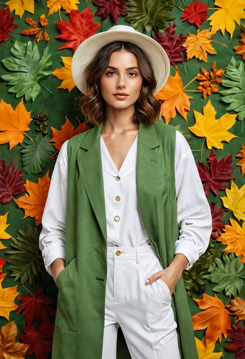 A stylish model showcasing eco-friendly clothing, surrounded by vibrant seasonal elements like autumn leaves, spring flowers, and summer sun, all made from sustainable materials. The backdrop features a lush green landscape symbolizing nature conservation. Include subtle hints of ethical fashion tags. super-realistic. vibrant colors. white background.